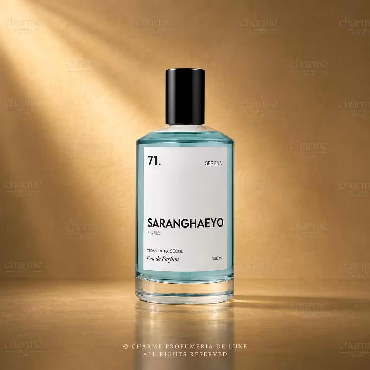 Saranghaeyo 71 Series A Eau de Parfum 100 ml, profumo di nicchia packshot luxury su sfondo dorato, Charme Profumeria