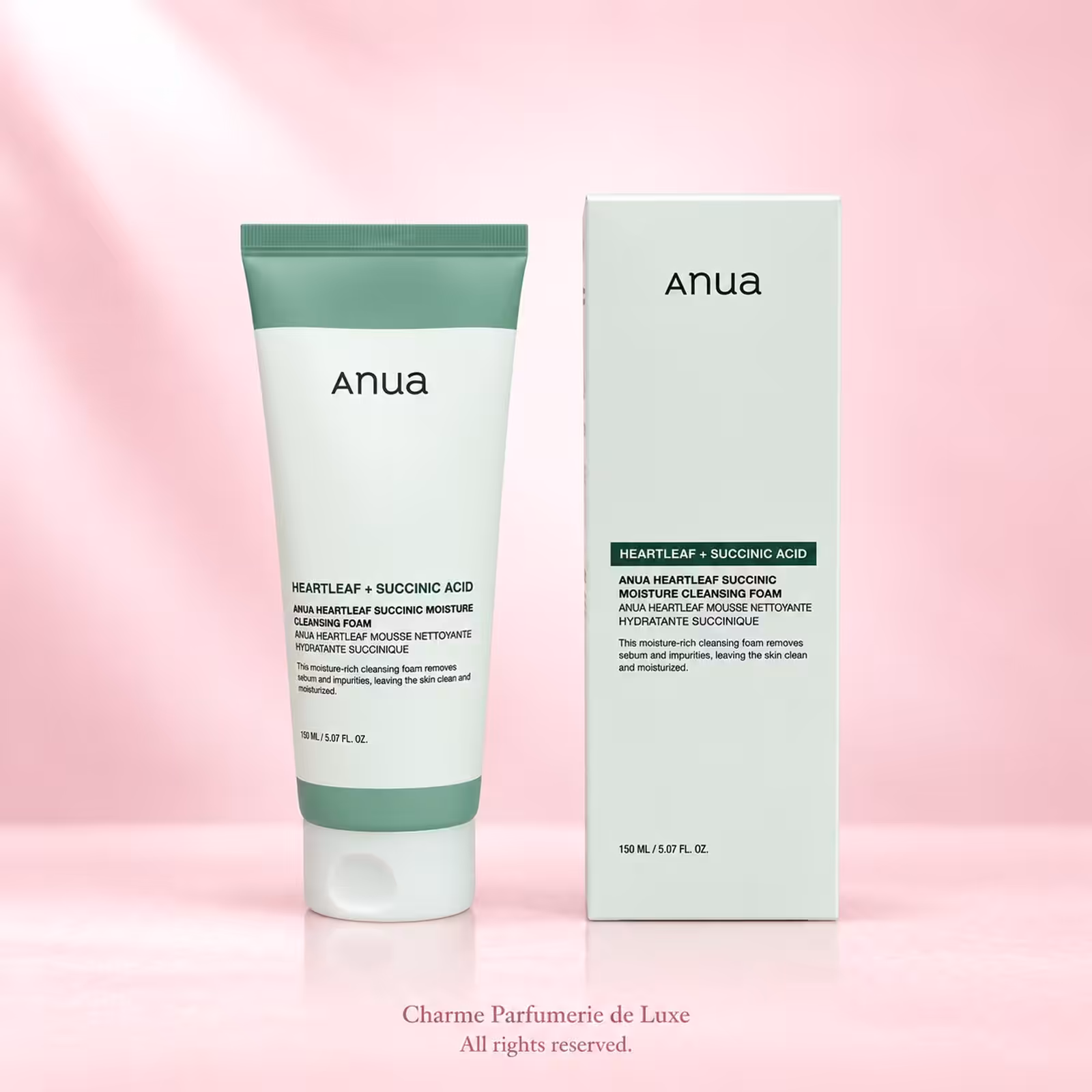 Anua Heartleaf Succinic Moisture Cleansing Foam 150ml, detergente viso nella confezione originale