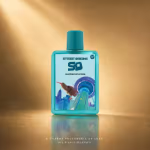 Street Origins Aukland Craze Eau de Parfum 75 ml, flacone turchese con grafica di Auckland su sfondo dorato Charme Profumeria de Luxe