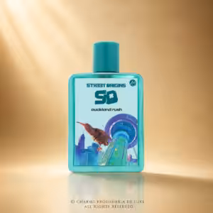 Street Origins Aukland Rush Eau de Parfum 75 ml, flacone turchese con grafica di Auckland su sfondo dorato Charme Profumeria de Luxe