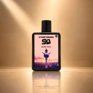Street Origins Berlin Rave 75 ml, flacone nero con grafica di Berlino su sfondo dorato Charme Profumeria de Luxe