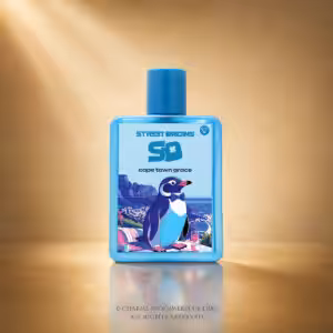 Street Origins Cape Town Grace Eau de Parfum 75 ml, flacone azzurro con grafica di Cape Town su sfondo dorato Charme Profumeria de Luxe