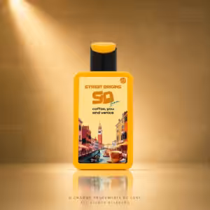 Street Origins Coffee, You and Venice Extrait de Parfum 75 ml, flacone giallo con grafica di Venezia su sfondo dorato Charme Profumeria de Luxe
