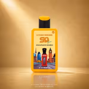 Street Origins Drenched In London Extrait de Parfum 75 ml, flacone giallo con grafica di Londra su sfondo dorato Charme Profumeria de Luxe