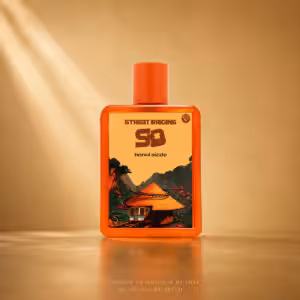 Street Origins Hanoi Sizzle Eau de Parfum 75 ml, flacone arancione con grafica ispirata ad Hanoi su sfondo dorato Charme Profumeria de Luxe