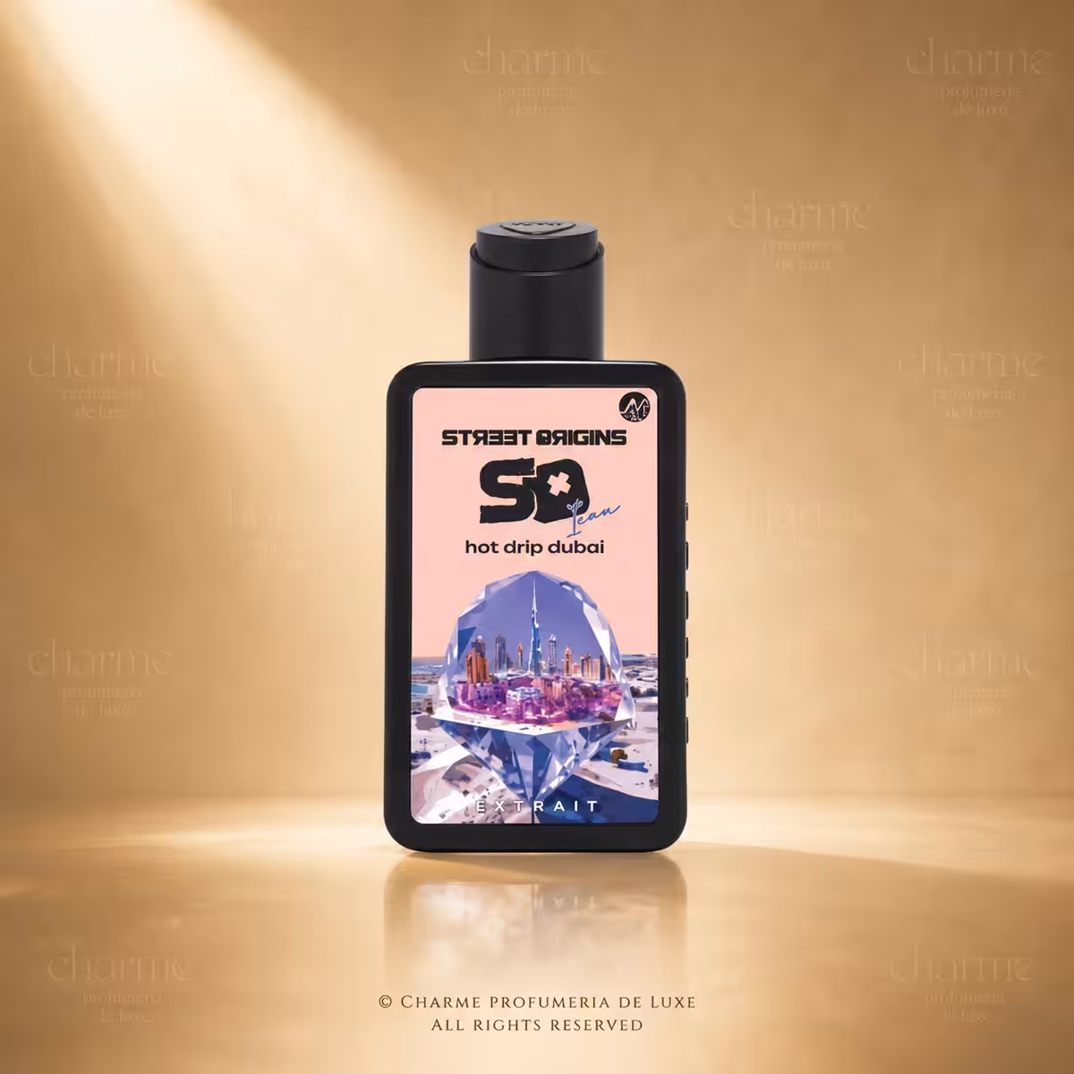 Street Origins Hot Drip Dubai Extrait de Parfum 75 ml, flacone nero con grafica di Dubai su sfondo dorato Charme Profumeria de Luxe