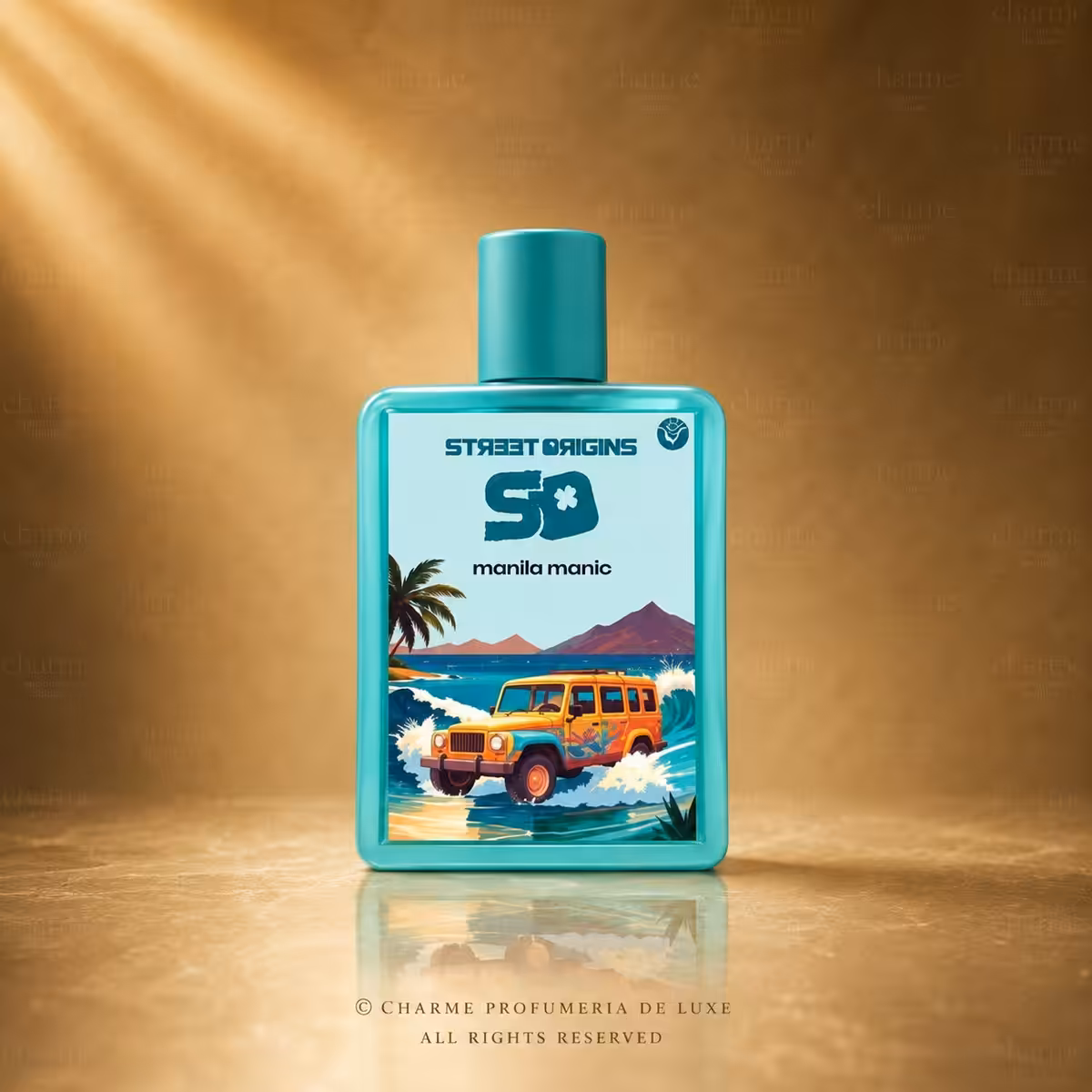 Street Origins Manila Manic Eau de Parfum 75 ml, flacone turchese con grafica tropicale su sfondo dorato Charme Profumeria de Luxe