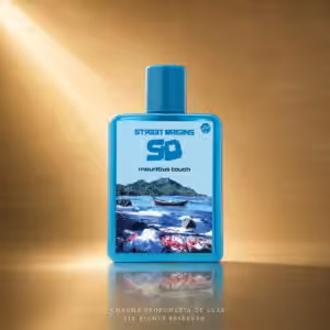 Street Origins Mauritius Touch Eau de Parfum 75 ml, flacone turchese con grafica marina su sfondo dorato Charme Profumeria de Luxe
