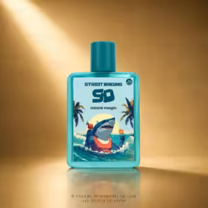 Street Origins Miami Magic Eau de Parfum 75 ml, flacone turchese con grafica tropicale su sfondo dorato Charme Profumeria de Luxe