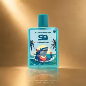 Street Origins Miami Mama Eau de Parfum 75 ml, flacone turchese con grafica tropicale su sfondo dorato Charme Profumeria de Luxe