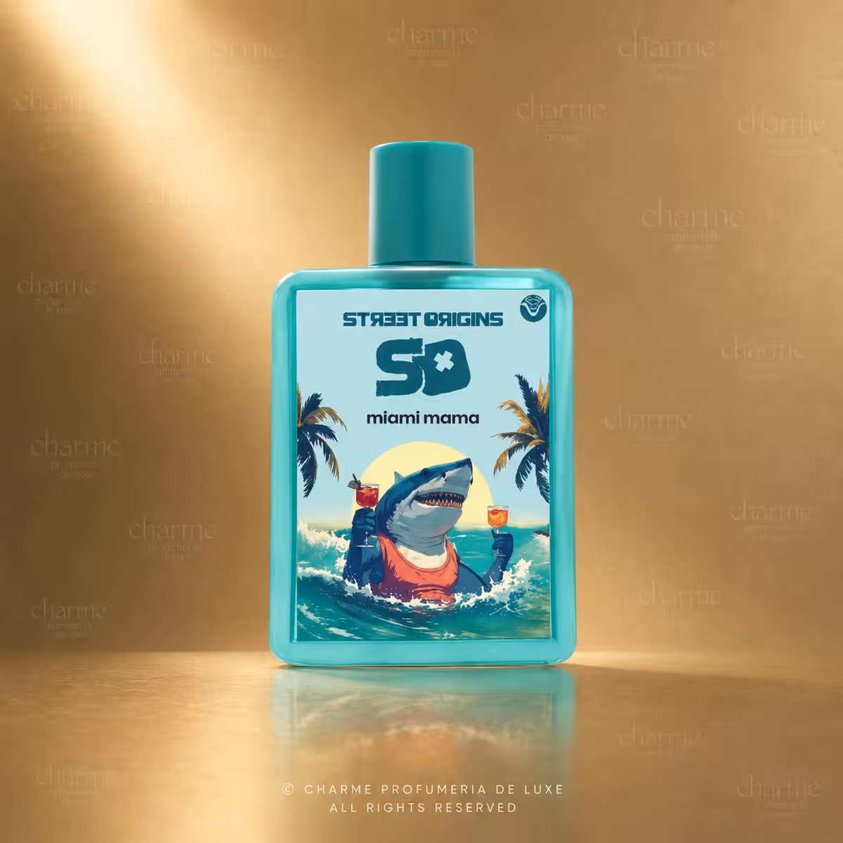 Street Origins Miami Mama Eau de Parfum 75 ml, flacone turchese con grafica tropicale su sfondo dorato Charme Profumeria de Luxe