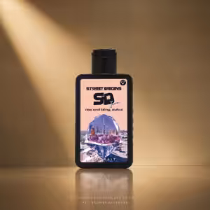 Street Origins Rise and Bling Dubai Extrait de Parfum 75 ml, flacone nero con grafica di Dubai su sfondo dorato Charme Profumeria de Luxe
