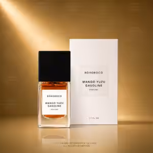 BOHOBOCO Mango Yuzu Gasoline profumo 50 ml con flacone e scatola su sfondo dorato