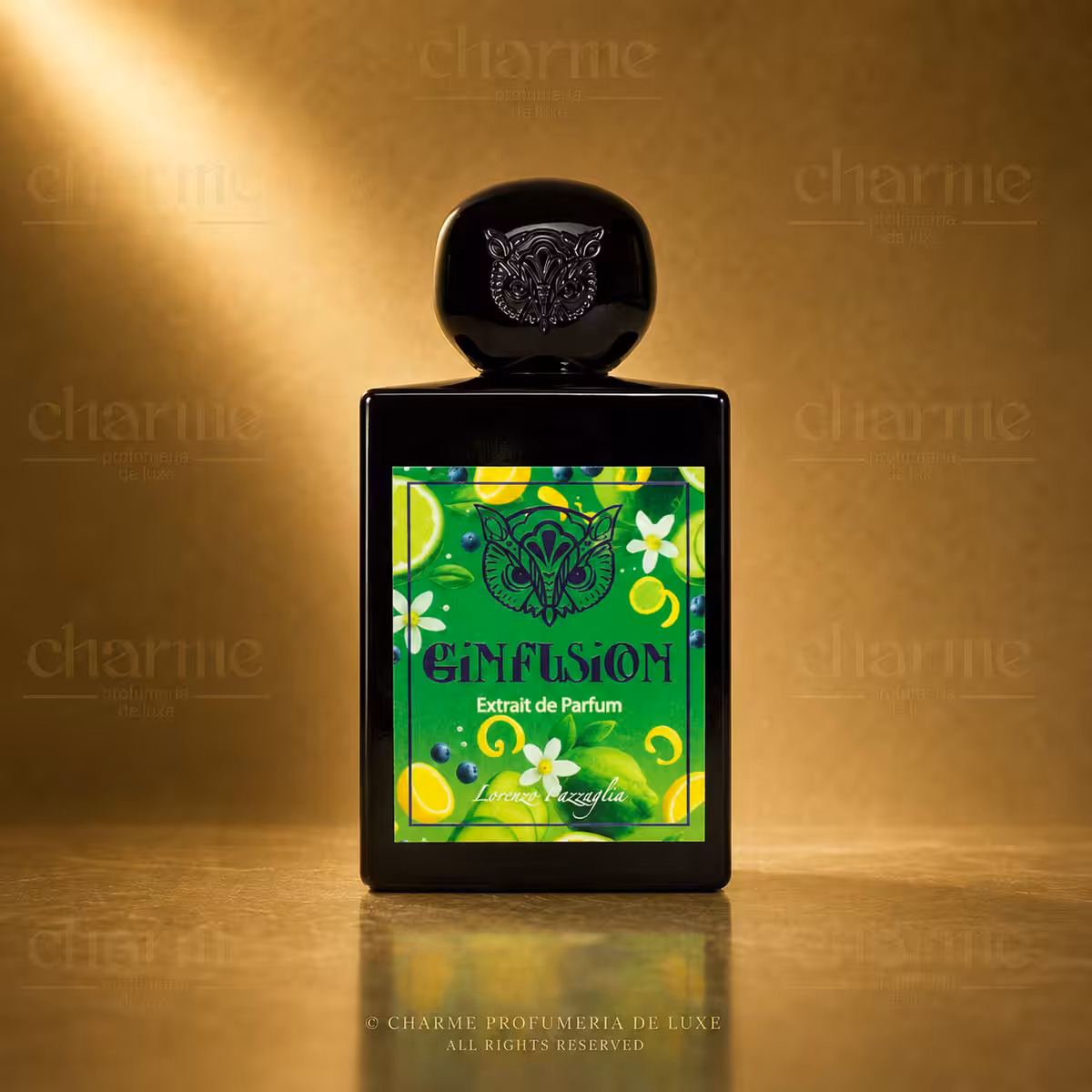Lorenzo Pazzaglia Ginfusion Extrait de Parfum 50 ml, flacone nero con etichetta verde agrumata su sfondo dorato Charme Profumeria de Luxe