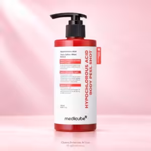 Medicube Hypochlorous Acid Rice Body Peel Shot, peeling corpo coreano da 280 ml su sfondo rosa.