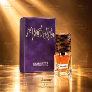 Nasomatto Micodelirio Extrait de Parfum 30 ml, profumo di nicchia con flacone ambrato e confezione viola, packshot luxury Charme Profumeria De Luxe.