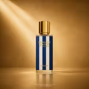 Salum Aromatic d'Azur Extrait de Parfum 30 ml, flacone blu e oro su sfondo caldo dorato da e-commerce.