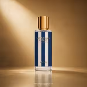 Salum Lemonade Coast Extrait de Parfum 30 ml, flacone blu e oro in packshot luxury su sfondo champagne.