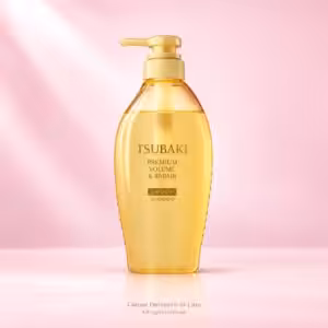 Shiseido Tsubaki Premium Volume & Repair Shampoo, shampoo giapponese da 450 ml in flacone ambrato con dispenser.