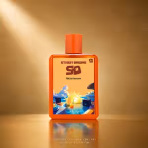Street Origins Ibiza Boom 75 ml, flacone arancione con grafica ispirata a Ibiza su sfondo dorato Charme Profumeria de Luxe