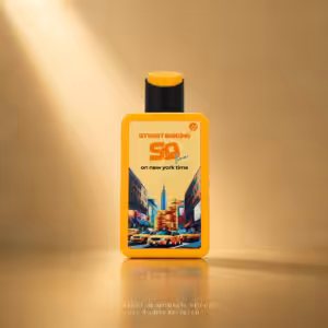 Street Origins On New York Time 75 ml, flacone arancione con grafica di New York su sfondo dorato Charme