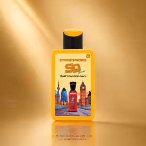 Street Origins That's London, Love 75 ml, flacone arancione con grafica di Londra su sfondo dorato Charme Profumeria de Luxe