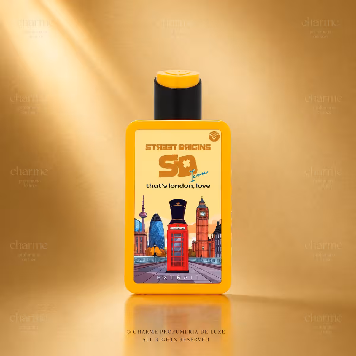 Street Origins That's London, Love 75 ml, flacone arancione con grafica di Londra su sfondo dorato Charme Profumeria de Luxe