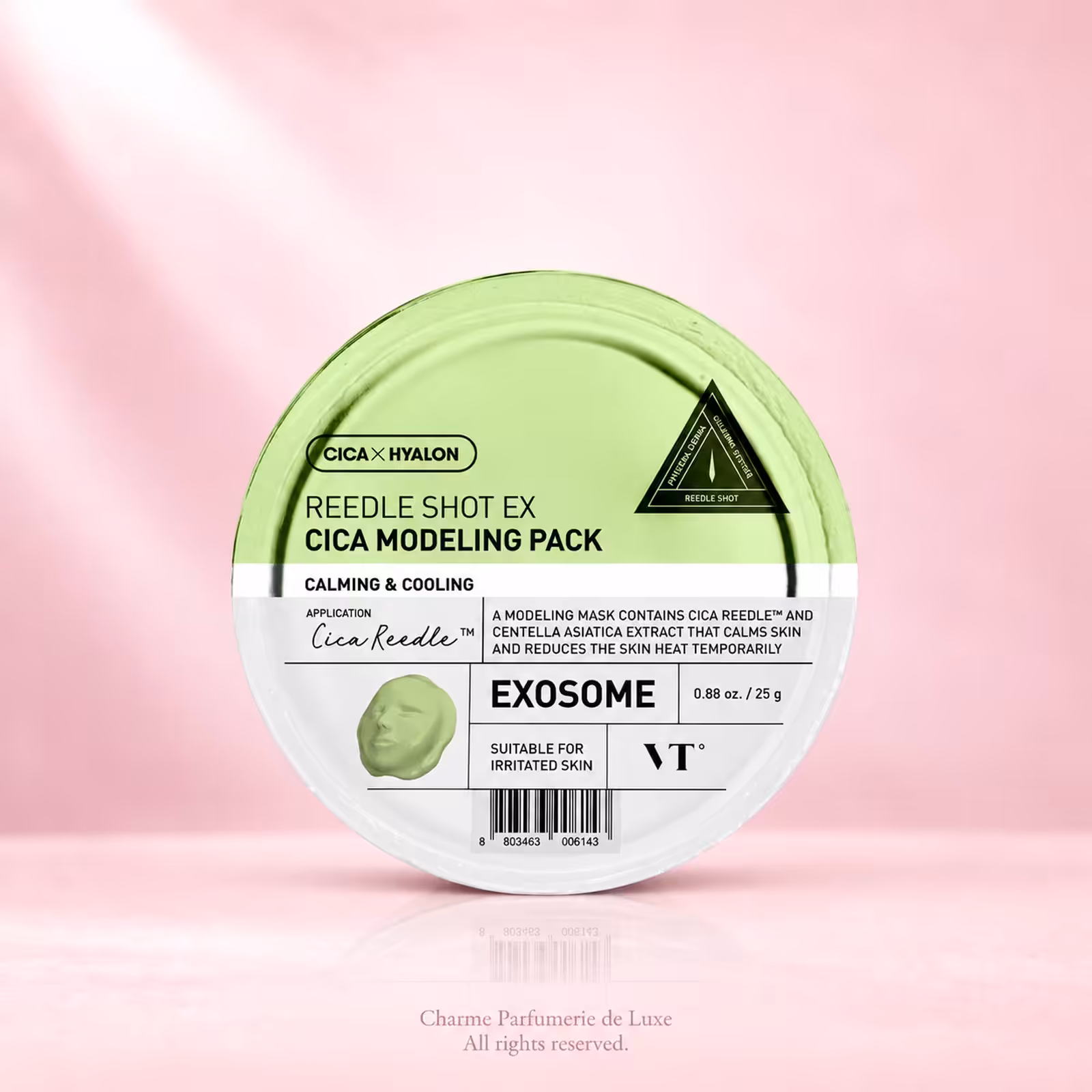 VT Cosmetics Reedle Shot EX Cica Modeling Pack, maschera modeling coreana da 25 g in confezione verde e bianca.