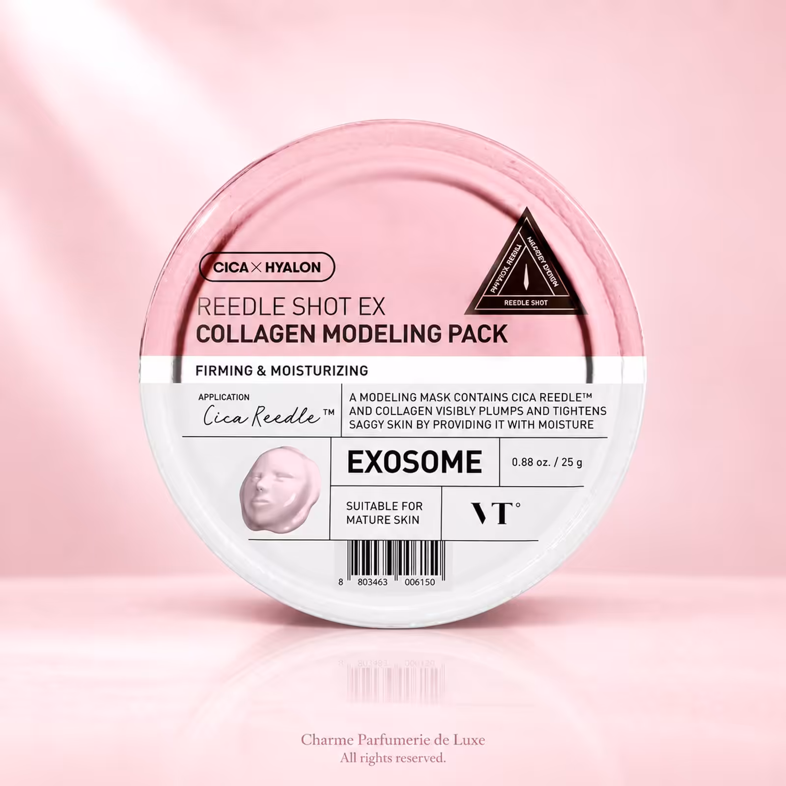 VT Cosmetics Reedle Shot EX Collagen Modeling Pack, maschera modeling coreana da 25 g in confezione rosa e bianca.
