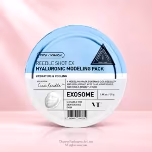 VT Cosmetics Reedle Shot EX Hyaluronic Modeling Pack, maschera modeling coreana da 25 g in confezione azzurra e bianca.