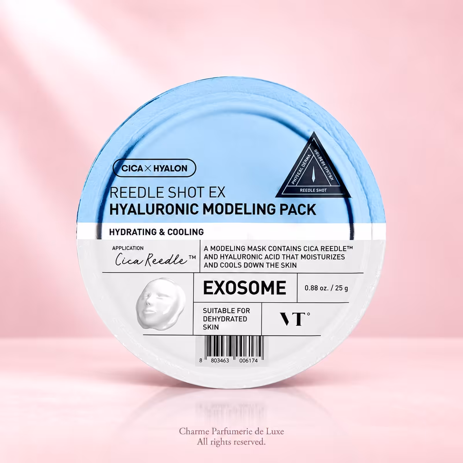 VT Cosmetics Reedle Shot EX Hyaluronic Modeling Pack, maschera modeling coreana da 25 g in confezione azzurra e bianca.