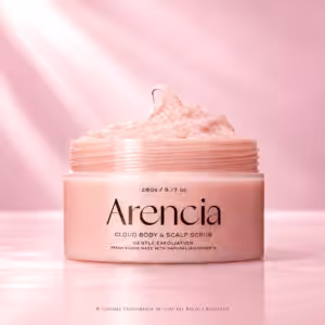 Arencia Cloud Body & Scalp Scrub French Lavender & Pear da 260 g, scrub esfoliante per corpo e cuoio capelluto in barattolo rosa, packshot K-Beauty luxury su sfondo rosa cipria di Charme Profumeria.
