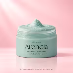 Arencia Cloud Body & Scalp Scrub French Mint & Lily da 260 g, scrub esfoliante per corpo e cuoio capelluto in barattolo verde menta, packshot K-Beauty su sfondo rosa cipria di Charme Profumeria.