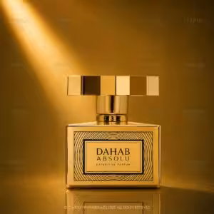 Dahab Absolu Kajal, profumo di nicchia extrait de parfum in elegante flacone dorato rettangolare con tappo geometrico, packshot luxury e-commerce Charme Profumeria.