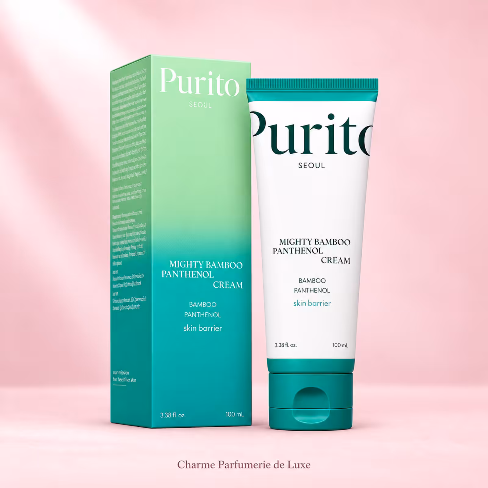 PURITO SEOUL Mighty Bamboo Panthenol Cream, crema viso coreana da 100 ml con confezione verde e bianca.