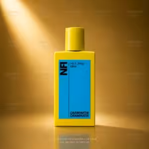 NFI No F...king Idea, profumo di nicchia in flacone giallo con tappo cilindrico coordinato ed etichetta azzurra, packshot luxury e-commerce Charme Profumeria.