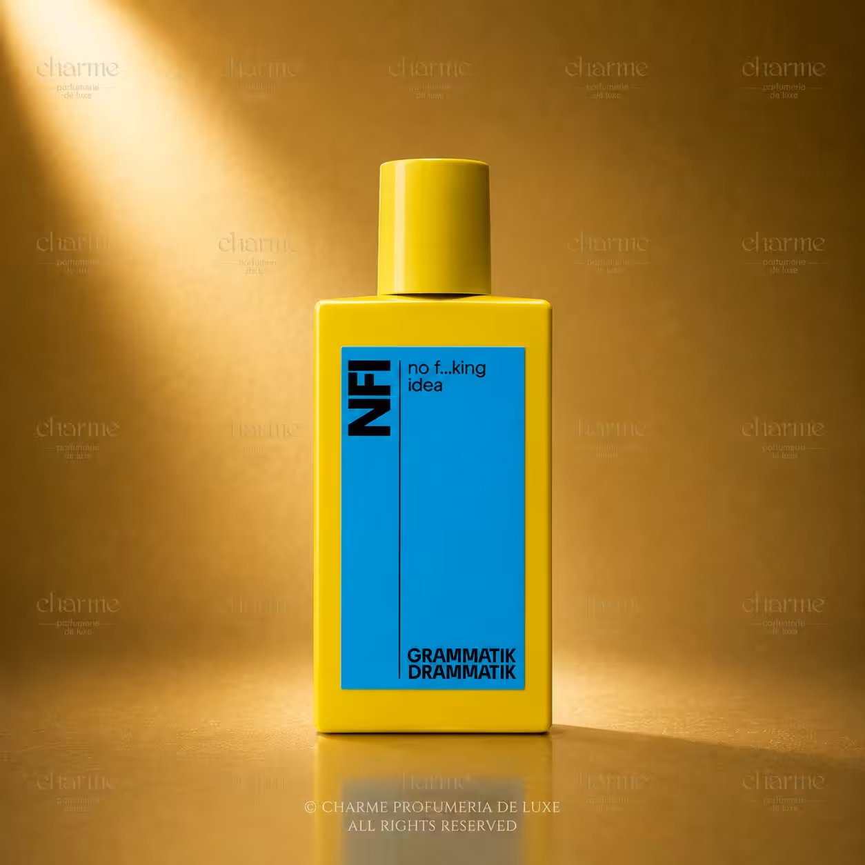 NFI No F...king Idea, profumo di nicchia in flacone giallo con tappo cilindrico coordinato ed etichetta azzurra, packshot luxury e-commerce Charme Profumeria.