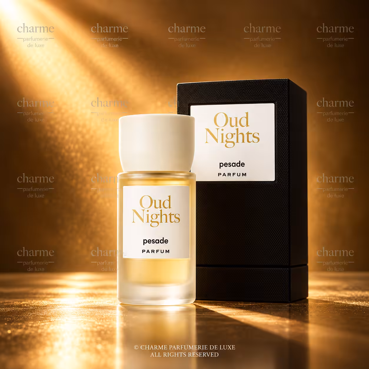 PESADE Oud Nights Parfum con flacone in vetro satinato e confezione nera, etichette dorate e fotografia luxury per Charme Profumeria De Luxe.
