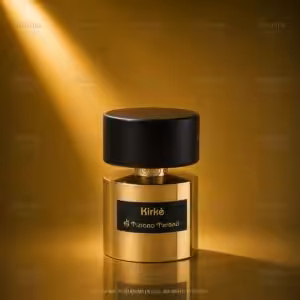 Kirkè Tiziana Terenzi, profumo di nicchia in flacone dorato con tappo nero e dettagli eleganti, packshot luxury e-commerce Charme Profumeria.