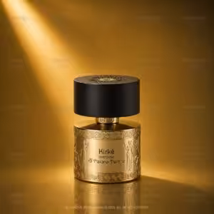 Kirkè Overdose, profumo di nicchia Tiziana Terenzi in elegante flacone cilindrico color oro con dettagli decorativi e tappo nero, packshot luxury e-commerce Charme Profumeria.