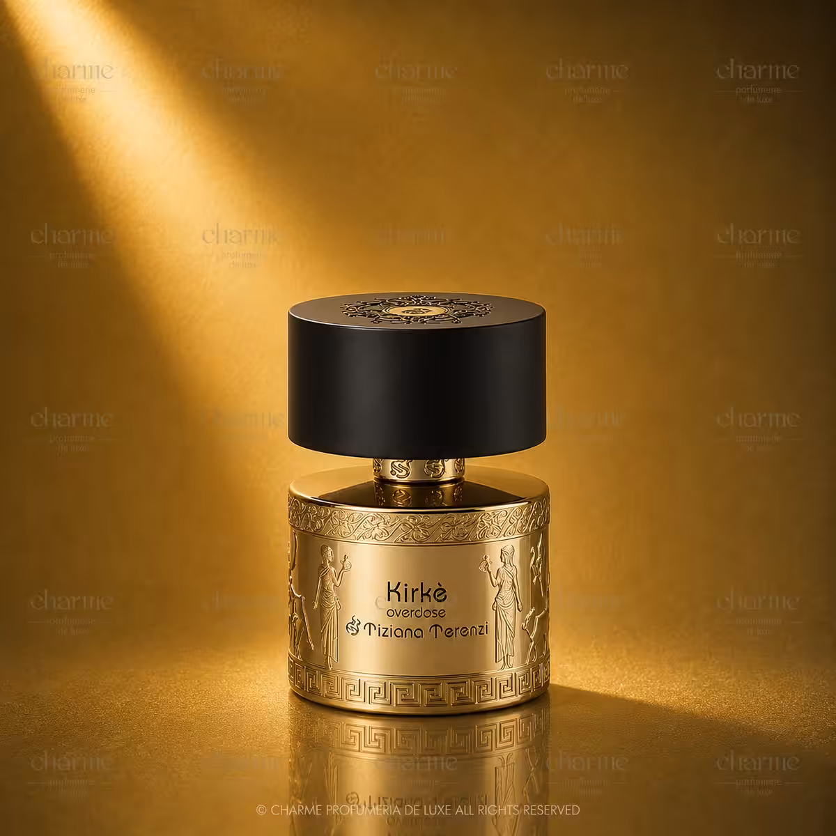Kirkè Overdose, profumo di nicchia Tiziana Terenzi in elegante flacone cilindrico color oro con dettagli decorativi e tappo nero, packshot luxury e-commerce Charme Profumeria.