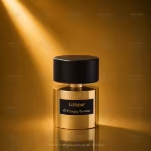 Lillipur, profumo di nicchia Tiziana Terenzi in flacone cilindrico color oro con tappo nero, packshot luxury e-commerce Charme Profumeria.