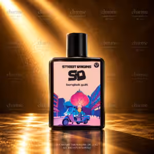 STREET ORIGINS Bangkok Guilt, profumo di nicchia con flacone nero ed etichetta rosa, packshot luxury di Charme Profumeria De Luxe.