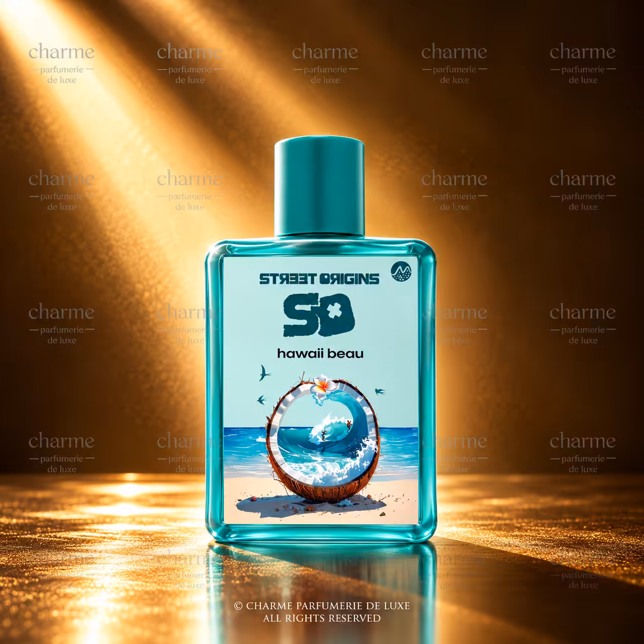 Street Origins Hawaii Beau, profumo con flacone turchese e illustrazione tropicale, packshot luxury Charme Profumeria.