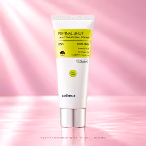 Celimax The Vita-A Retinal Shot Tightening Dual Cream da 50 ml, crema viso coreana in tubo bianco con etichetta verde lime e tappo argentato, trattamento K-Beauty con retinal, packshot rosa cipria di Charme Profumeria.