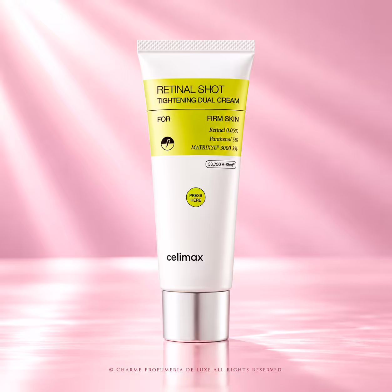 Celimax The Vita-A Retinal Shot Tightening Dual Cream da 50 ml, crema viso coreana in tubo bianco con etichetta verde lime e tappo argentato, trattamento K-Beauty con retinal, packshot rosa cipria di Charme Profumeria.