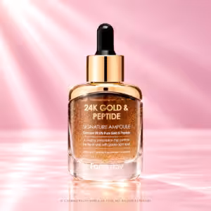 Farmstay 24K Gold & Peptide Signature Ampoule, siero viso coreano con oro 24K e peptidi in flacone trasparente dorato con contagocce nero, packshot K-Beauty di Charme Profumeria.
