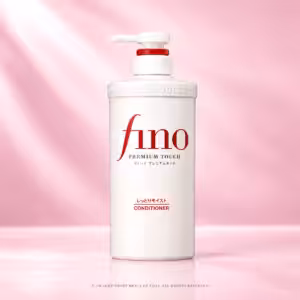 Fino Premium Touch Conditioner, balsamo per capelli giapponese in flacone bianco con erogatore rosso, packshot beauty su sfondo rosa cipria per Charme Profumeria.