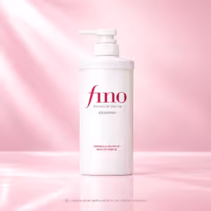 FINO Premium Touch Shampoo 550 ml, shampoo giapponese K-Beauty con beauty serum, packshot luxury su sfondo rosa cipria Charme Profumeria