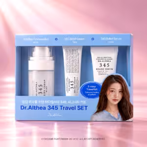 Dr. Althea 345 Relief Travel Kit, set skincare coreano con 345 Relief Cream Mist da 60 ml, 345 Relief Cream da 15 ml e 345 Relief Serum da 15 ml, confezione azzurra K-Beauty, packshot Charme Profumeria.